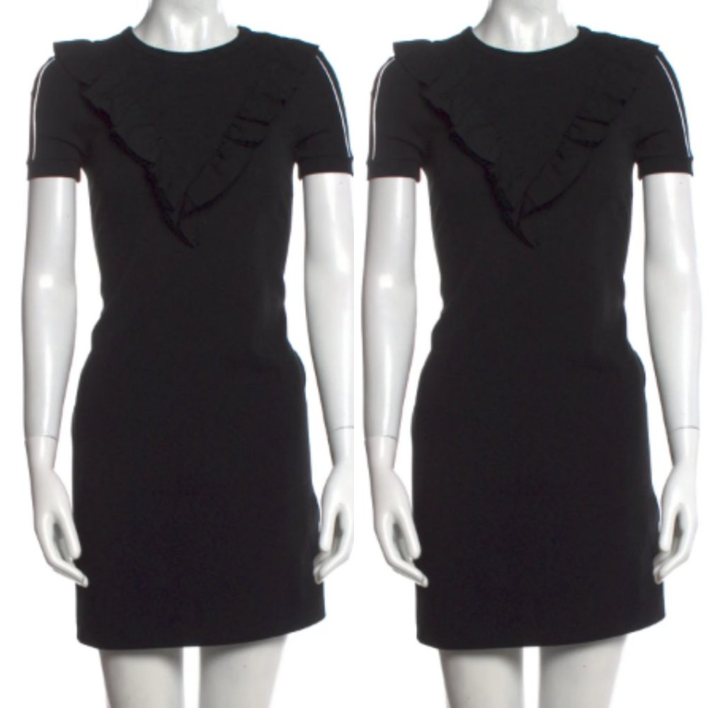 Red Valentino Mini Sheath Dress Small Black Crew Neck Short Sleeve Ruffle Print